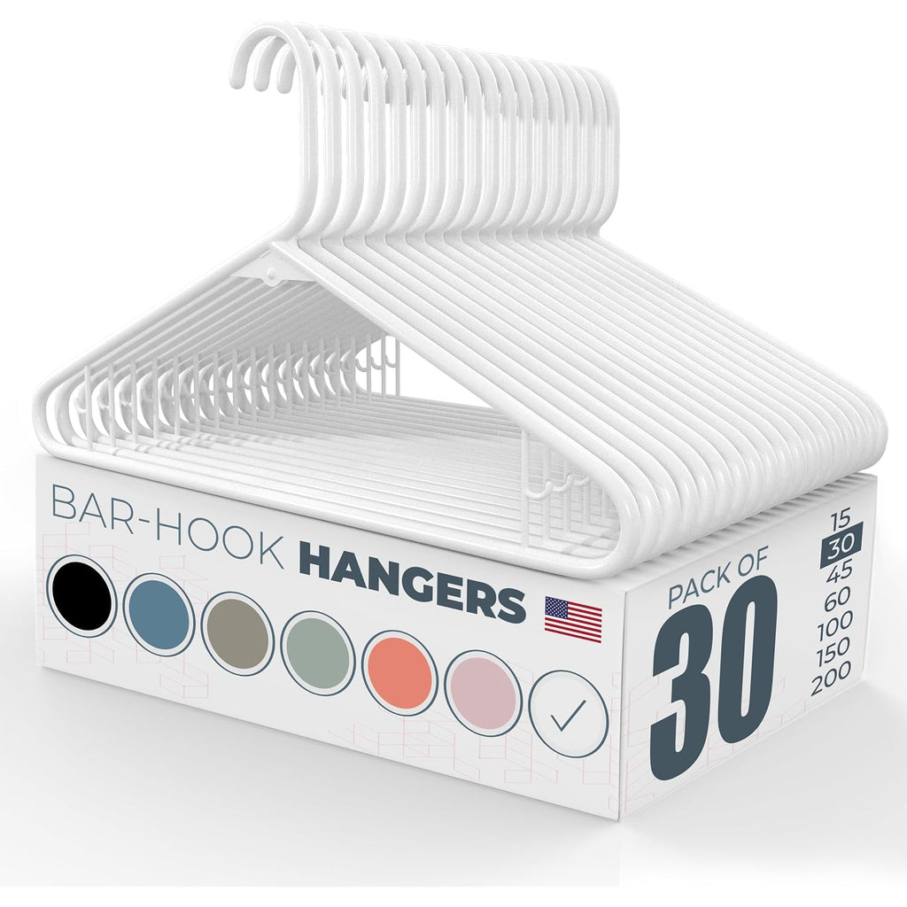 Plastic Hangers 30 Pack – Made In The Usa – 6Lb Capacity Standard Clothes Hangers With Strap Hooks For Dresses, Lingerie, Shirts, Pants, And Jackets – White