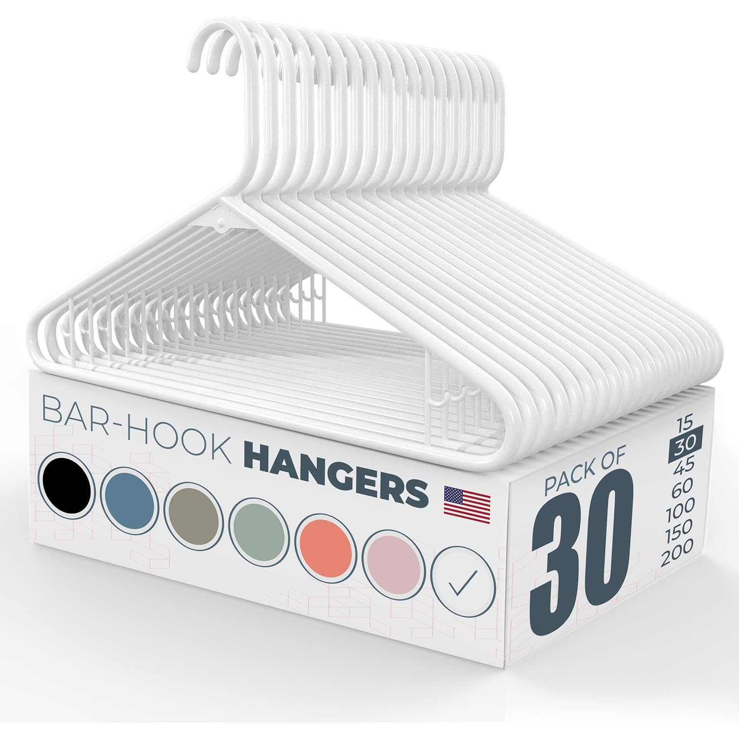Plastic Hangers 30 Pack – Made In The Usa – 6Lb Capacity Standard Clothes Hangers With Strap Hooks For Dresses, Lingerie, Shirts, Pants, And Jackets – White