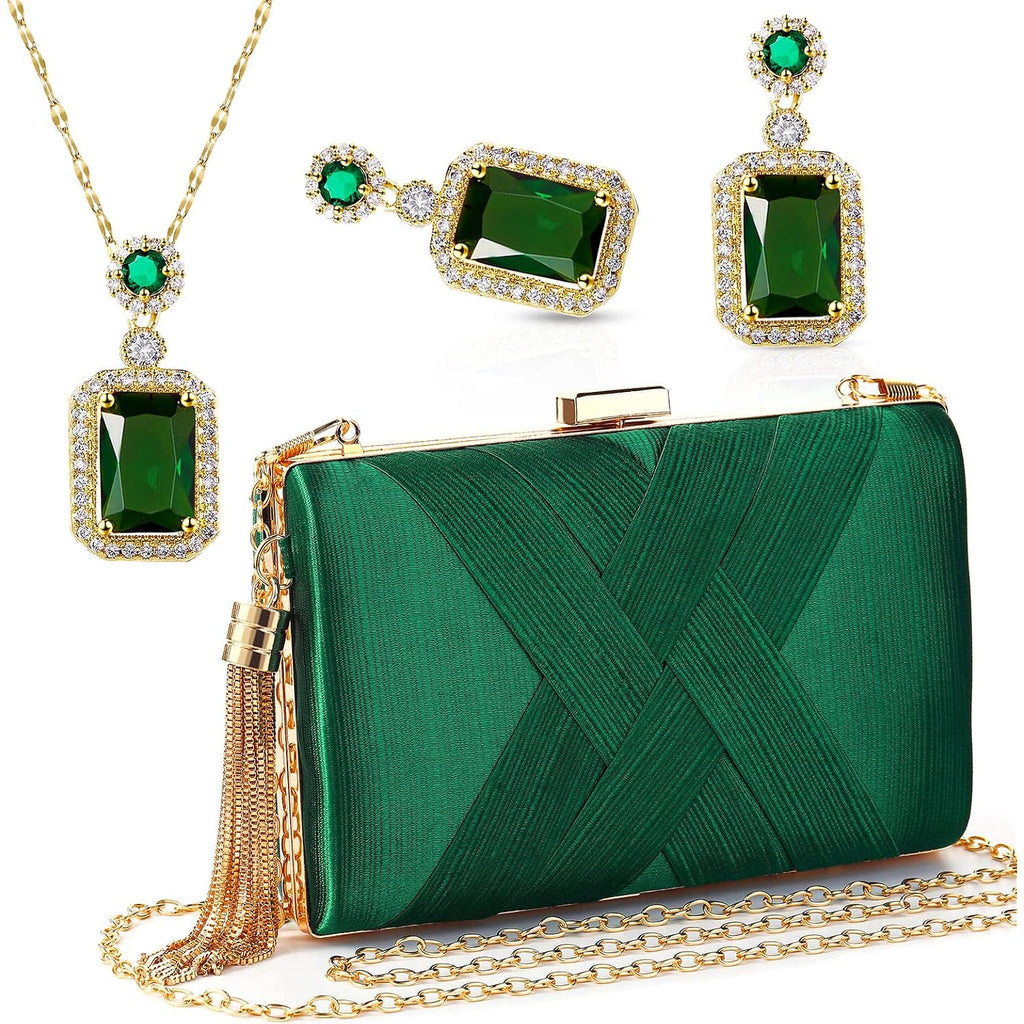Jadive 3 Pcs Clutch Purses For Women Handbag Evening Purses Bag For Wedding Vintage Banquet Handbag Earrings Necklace Set