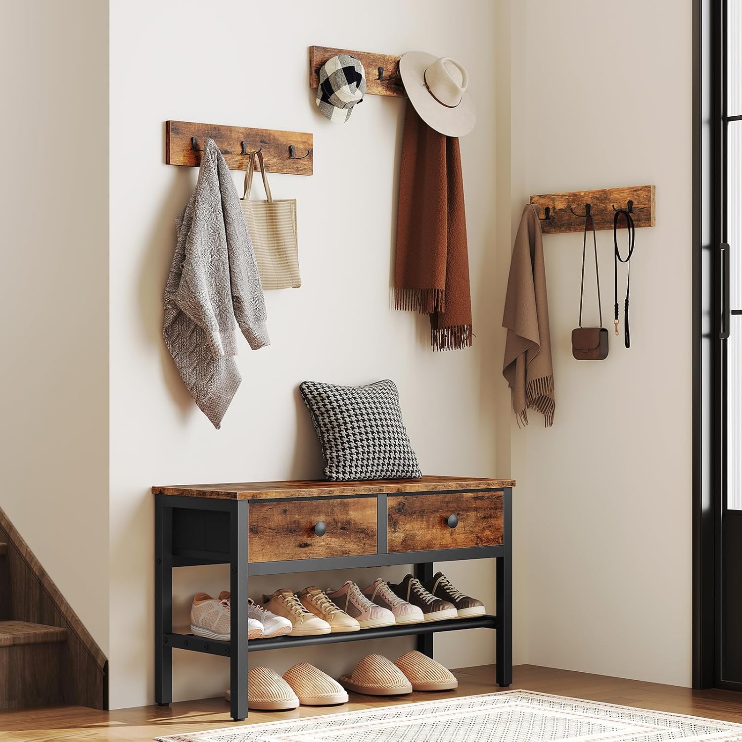 YATINEY Hall Tree with Bench and Shoe Storage, Entryway Bench with Coat Rack, 4-in-1 Coat Rack Shoe Bench, Multifunctional, for Front Door, Hallway, Foyer, Rustic Brown and Black MT05BR