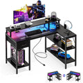 Dumos Gaming Desk, Monitor Stand, Led Lights, Storage Shelves | Usb Charging Ports, Power Outlets, Reversible L Shaped Corner, Small Spaces, Black