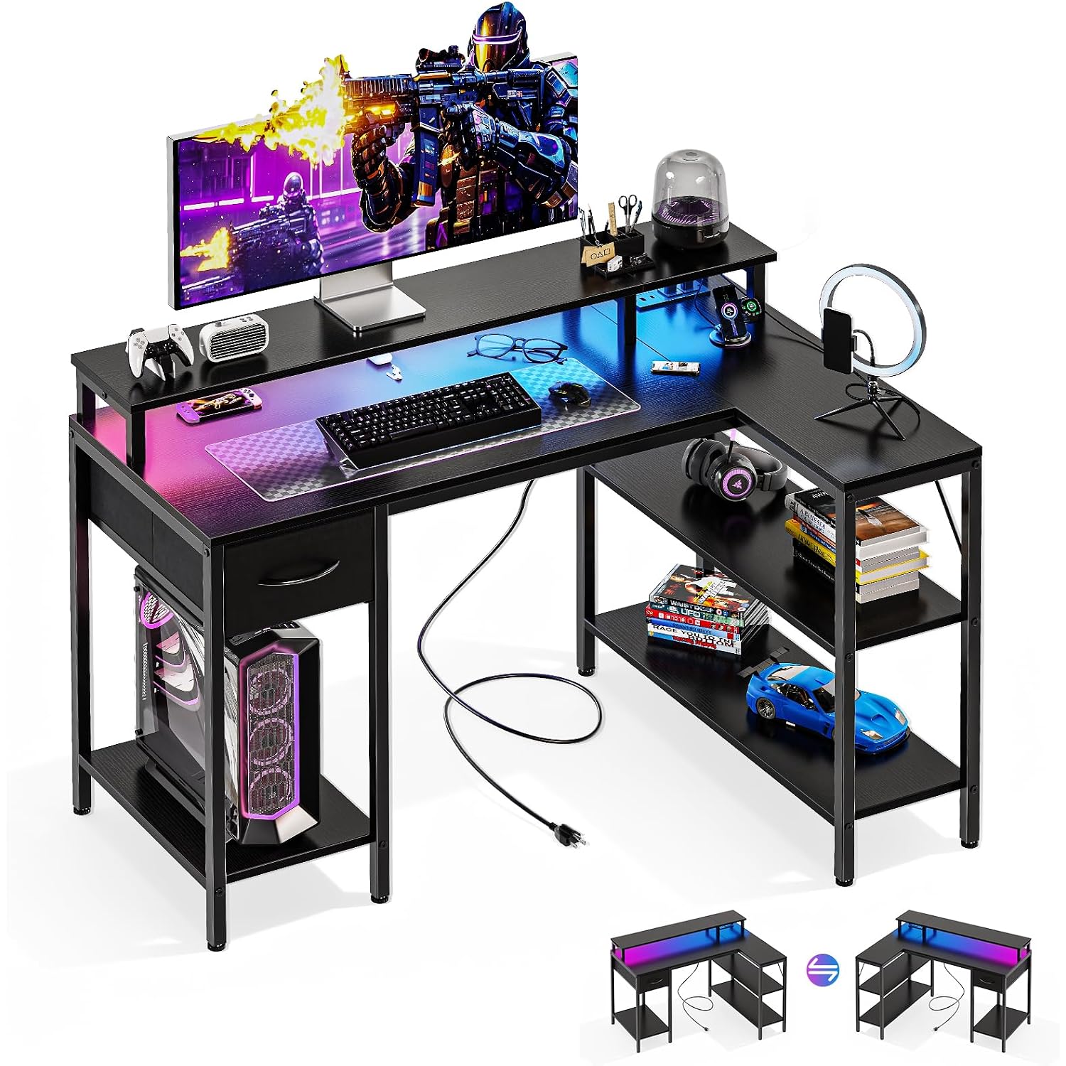 Dumos Gaming Desk, Monitor Stand, Led Lights, Storage Shelves | Usb Charging Ports, Power Outlets, Reversible L Shaped Corner, Small Spaces, Black