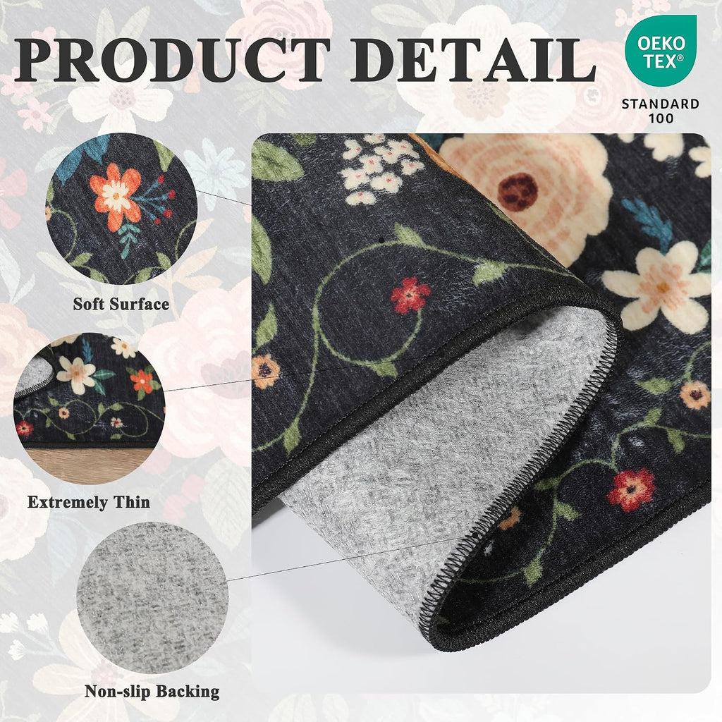 2X3 Rugs For Entryway, Floral Indoor Washable Door Mat, Non Slip Boho Small Rug For Kitchen, Soft Low Pile, Front Door Throw Rug For Entrance, Bedroom, Kitchen, Laundry, Bathroom, Black