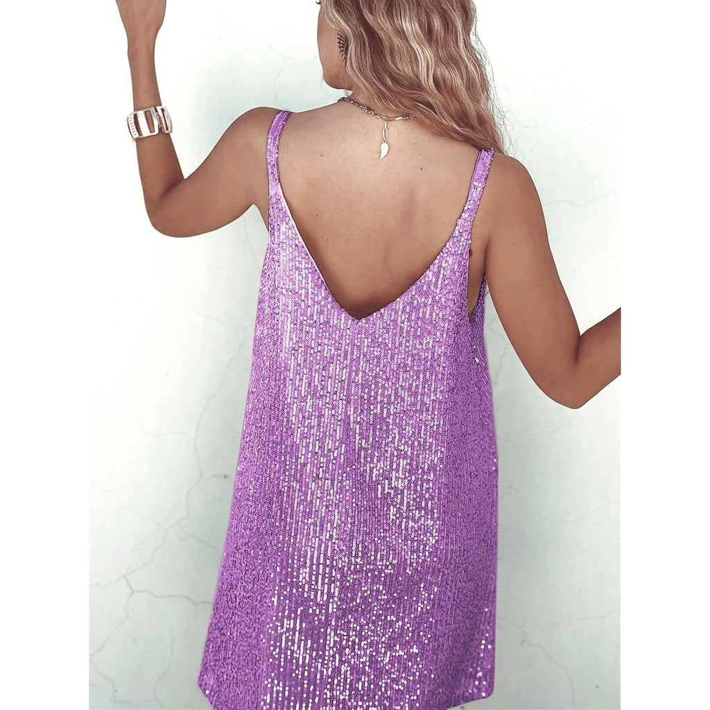 Miyieonz Women Sequin Sexy V Neck Shift Dress Sparkly Glitter Sleeveless Short Flowy Loose Party Night Out Club Dress