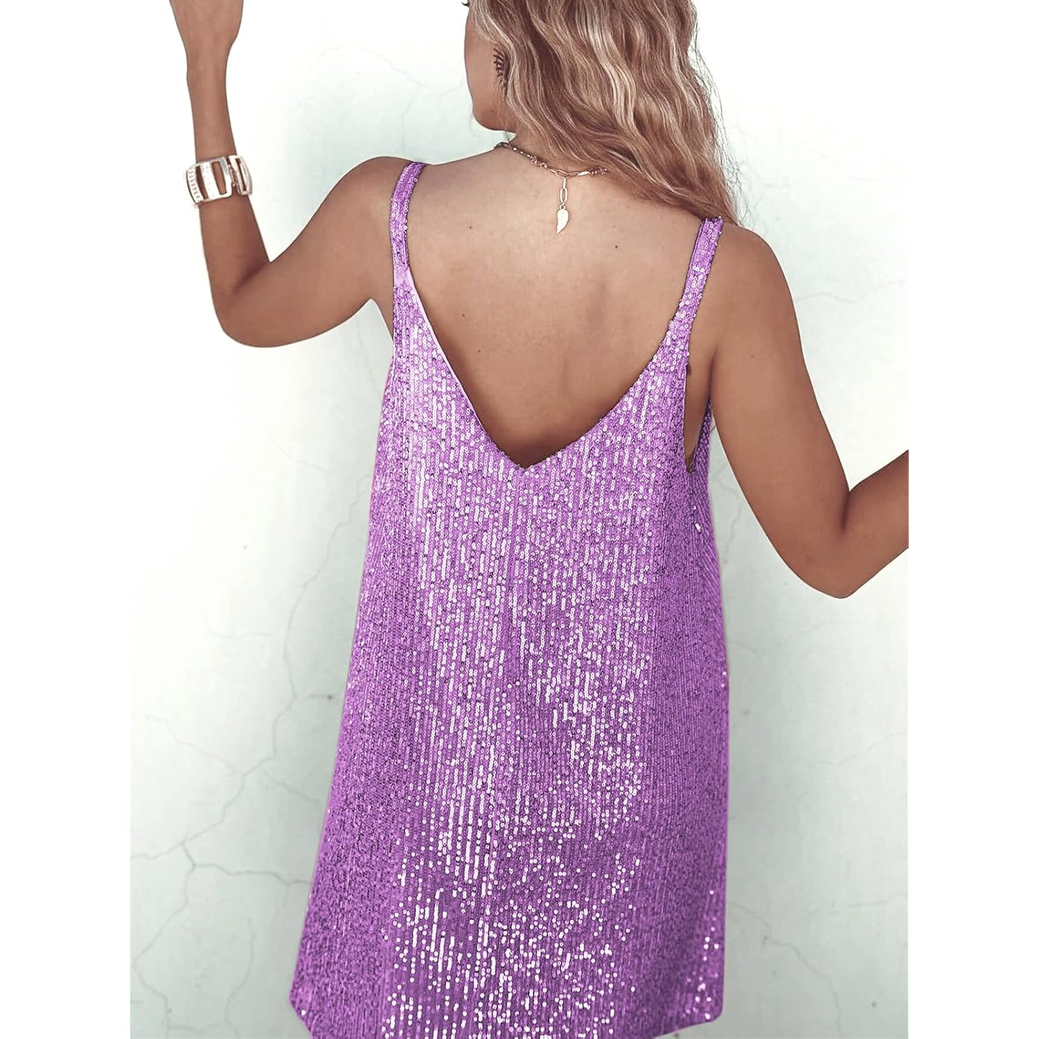 Miyieonz Women Sequin Sexy V Neck Shift Dress Sparkly Glitter Sleeveless Short Flowy Loose Party Night Out Club Dress