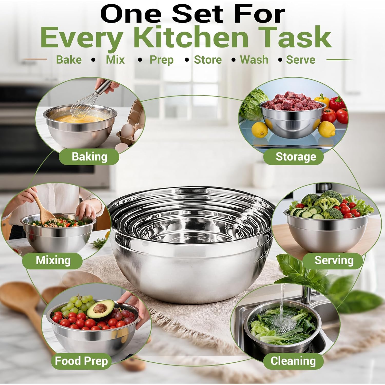 Wepsen 5-Speed Electric Hand Mixer, 4 Large Mixing Bowls Set, Handheld Mixers With Whisks Beater, Stainless Steel Metal Nesting Bowl Measuring Cups Spoons Kitchen Cake Blender For Baking Supplies