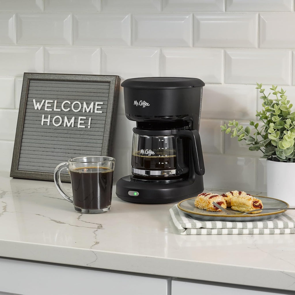 Mr. Coffee Mini Brew 5-Cup Coffee Maker with Auto-Pause & Ergonomic Carafe, Brews up to 25oz of Coffee, Perfect for Home & Office Use, Black
