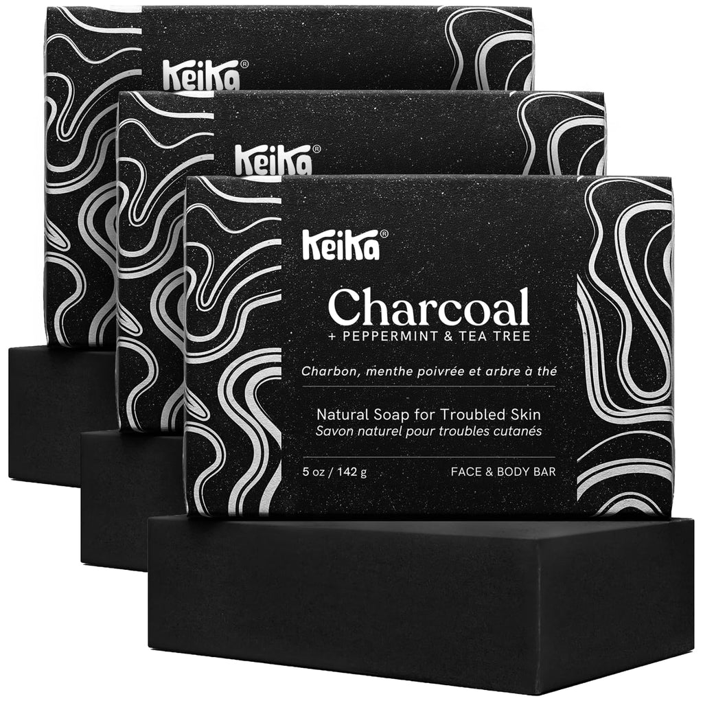 Keika Charcoal Black Soap Bar For Eczema, Psoriasis, Face, Body, Men Women Teens With Oily Skin, 5 Oz. (Charcoal, 3-Pack)