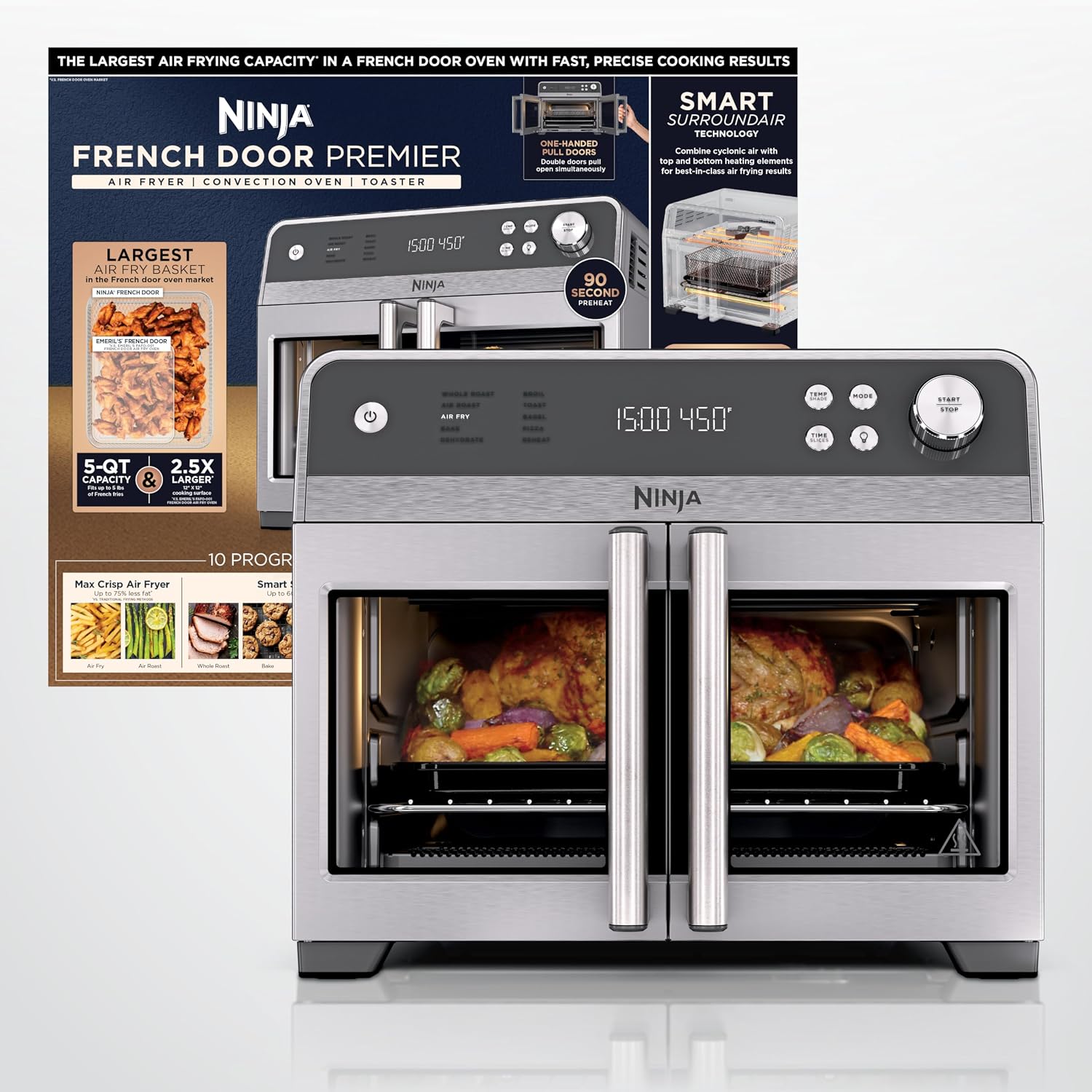 Ninja | French Door Premier Air Fry Oven | 10-In-1 Functions | 20.3-Qt Capacity | 5-Qt Air Fry Basket, Sheet Pan, Wire Rack, Broil Rack | Pfas-Free Cooking Surface, Dishwasher-Safe Accessories | Fo101