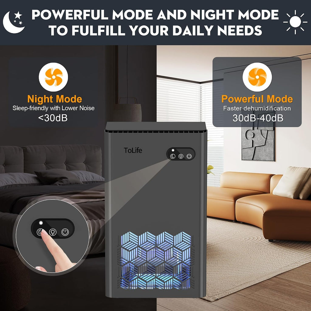 Tolife Dehumidifiers For Home, 1000 Sq.Ft Dehumidifier For Basement Bathroom Bedroom With 95 Oz Water Tank, Auto Shut Off 7 Colors Led Light, Grey
