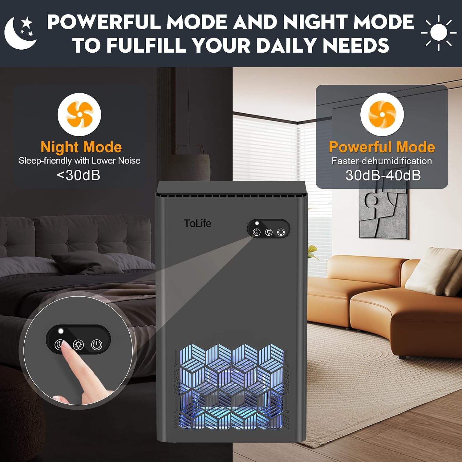 Tolife Dehumidifiers For Home, 1000 Sq.Ft Dehumidifier For Basement Bathroom Bedroom With 95 Oz Water Tank, Auto Shut Off 7 Colors Led Light, Grey