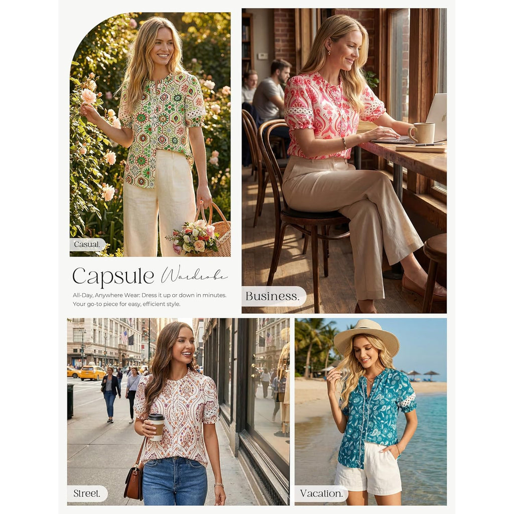Women Boho Floral Tops, Summer Short Eyelet Sleeve Dressy Casual Shirts, Spring Button Down Blouse 2026 Trendy