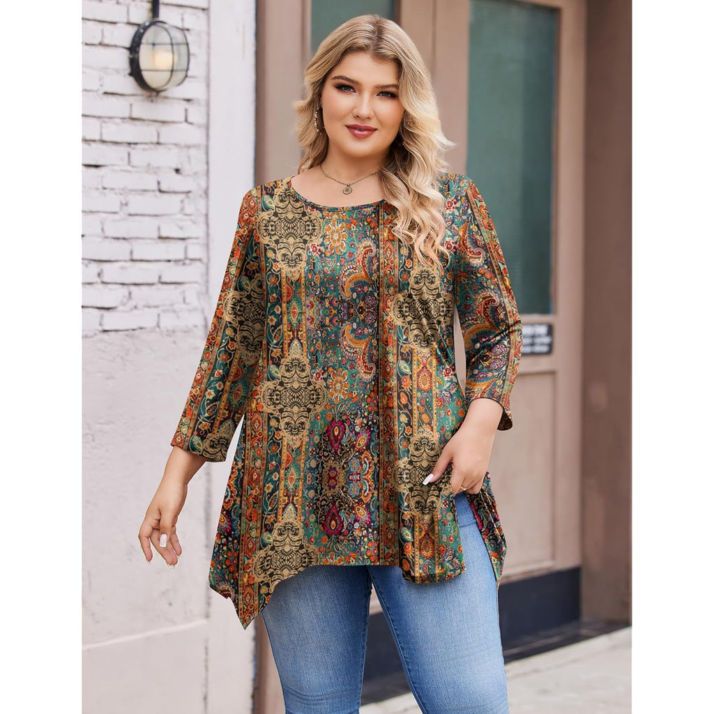 IN'VOLAND Plus Size Tops for Women 3/4 Sleeve Shirts Tunic Tops to Wear with Leggings Loose Fit Summer Fall Clothes
