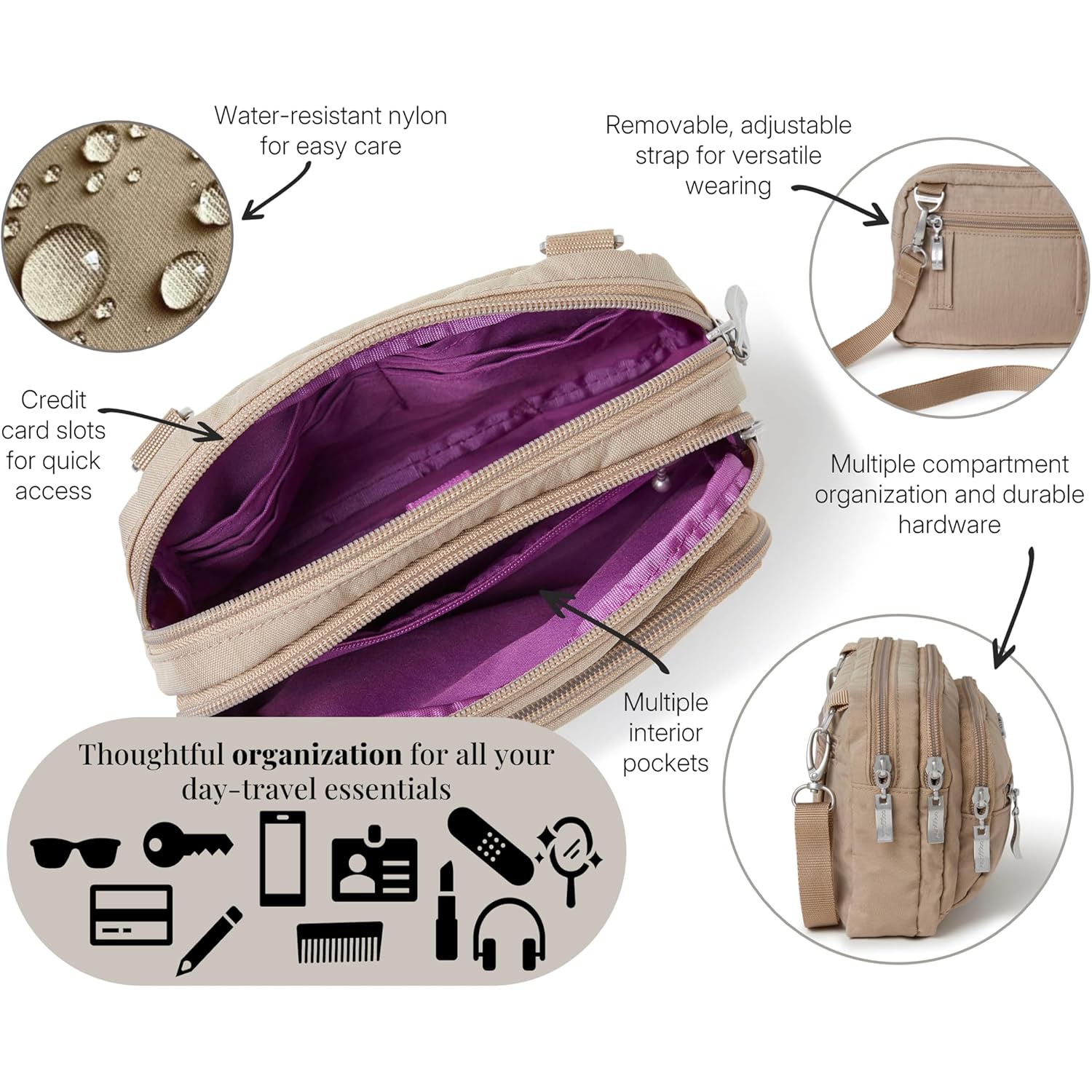 Baggallini Triple Zip Small Crossbody Bag for Women - Lightweight Convertible Fanny Pack Belt Bag
