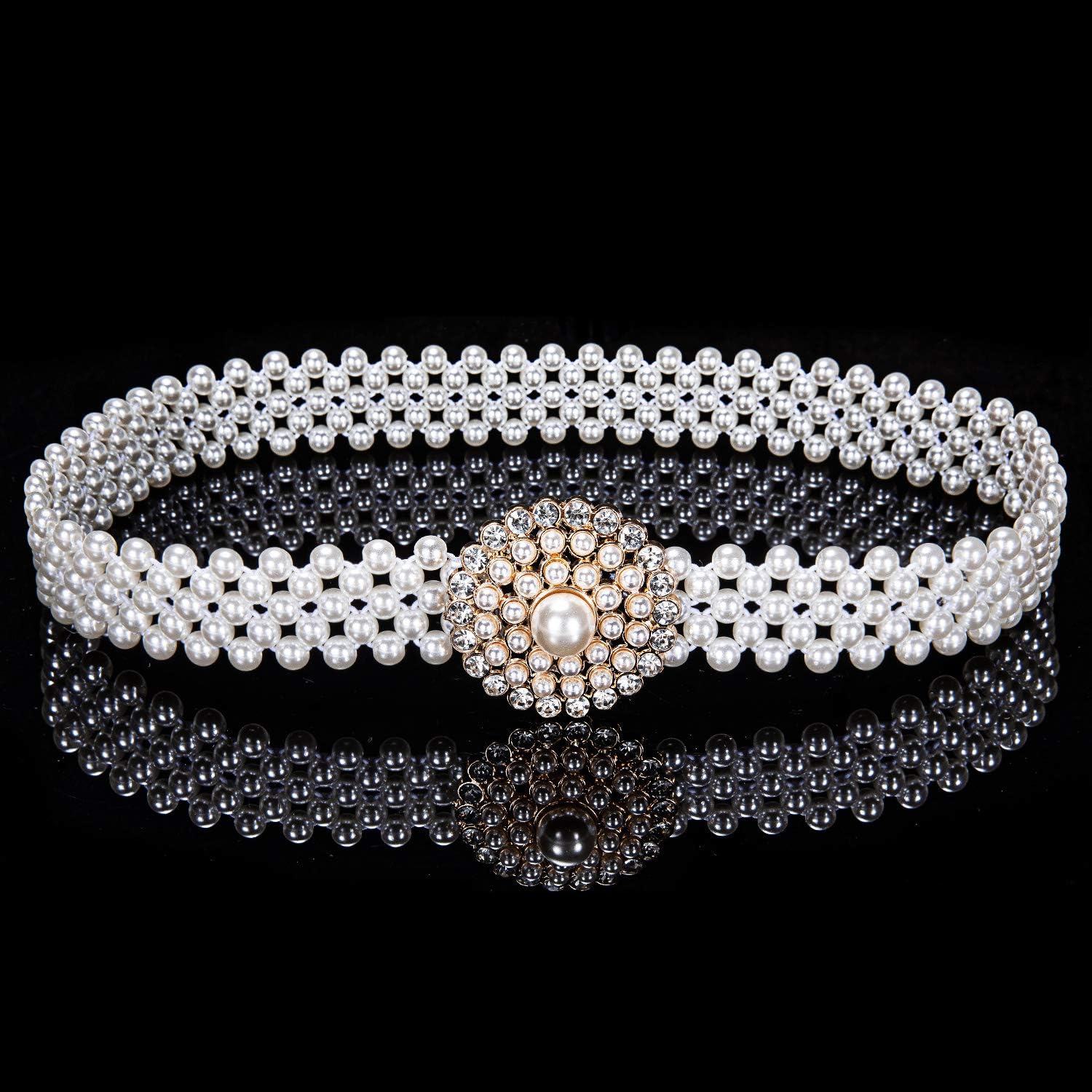 Barry.Wang Women’s Pearl Belt Elastic Waist Chain Belts Dress Jeans Bridal Bridesmaid Sexy Body White Wedding Beach Party