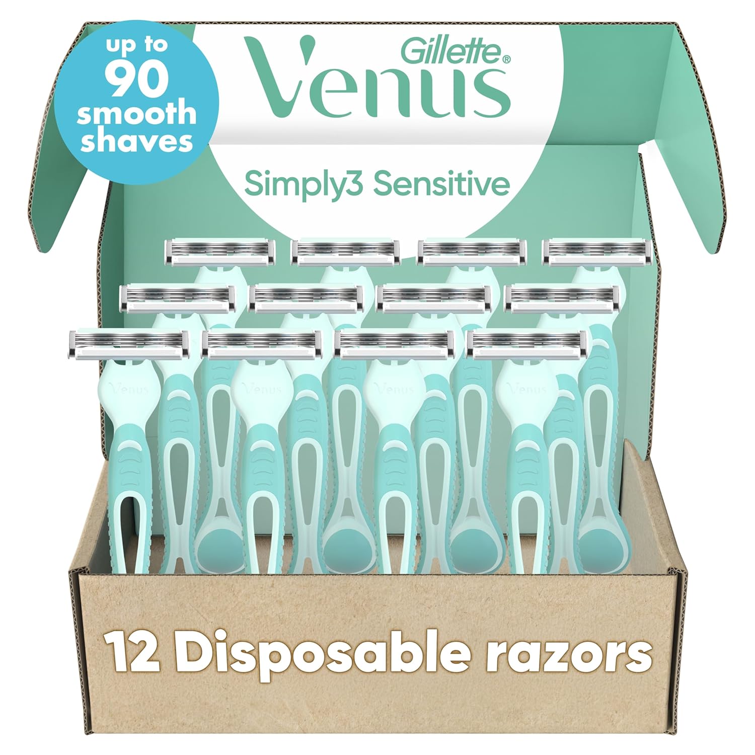Venus Simply 3 Sensitive Disposable Razors, 12 Count