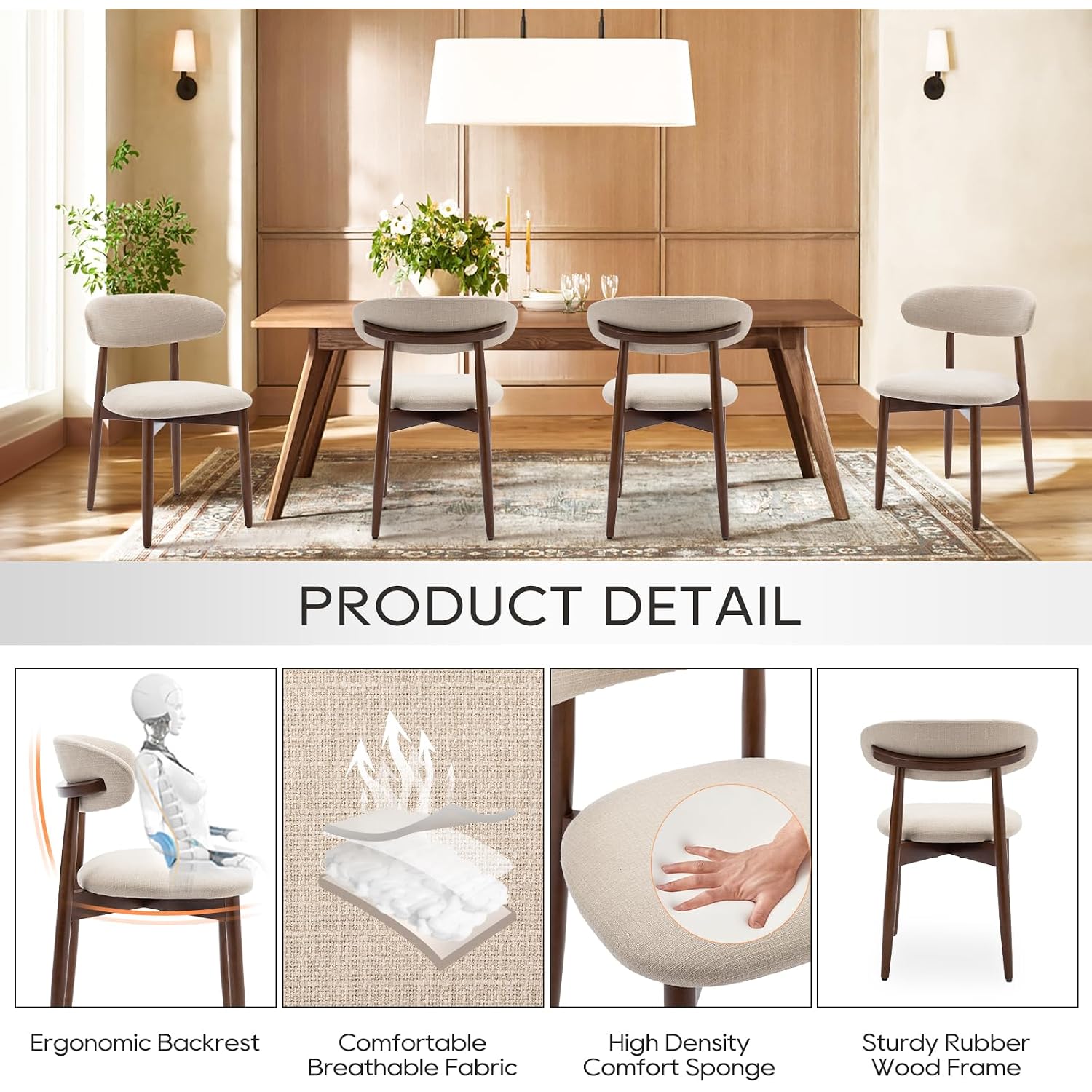 Colamy Wooden Dining Chairs Set Of 4, Modern Fabric Upholstered Kitchen Side Chairs, Farmhouse Dining Room Chair With Foot Pegs, Beige