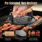 Smash Burger Press, Pre-Seasoned Cast Iron Hamburger Smasher, 2 Lb Heavy-Duty Grill Bacon Meat Press Tool With Wood Handle, 6.6”