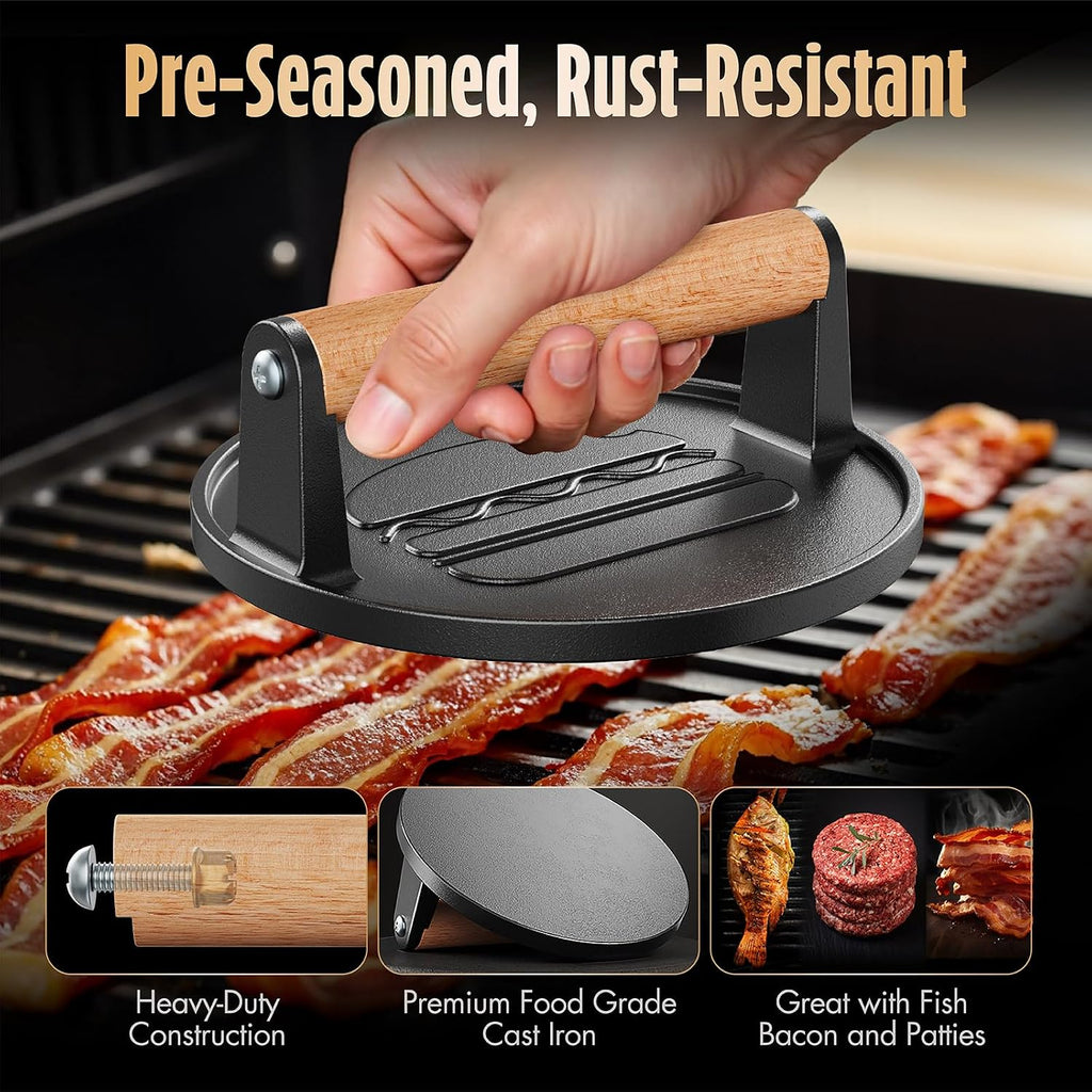Smash Burger Press, Pre-Seasoned Cast Iron Hamburger Smasher, 2 Lb Heavy-Duty Grill Bacon Meat Press Tool With Wood Handle, 6.6”