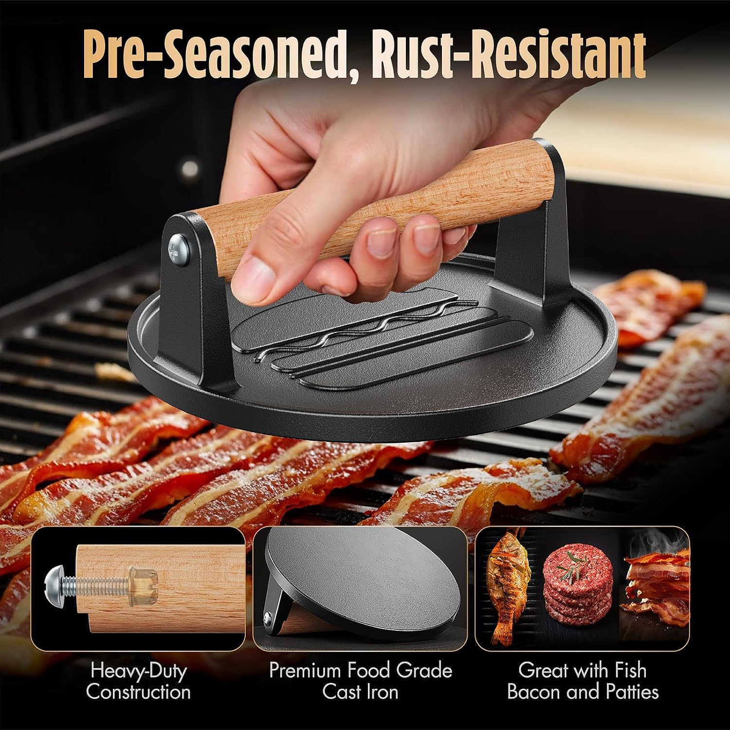 Smash Burger Press, Pre-Seasoned Cast Iron Hamburger Smasher, 2 Lb Heavy-Duty Grill Bacon Meat Press Tool With Wood Handle, 6.6”