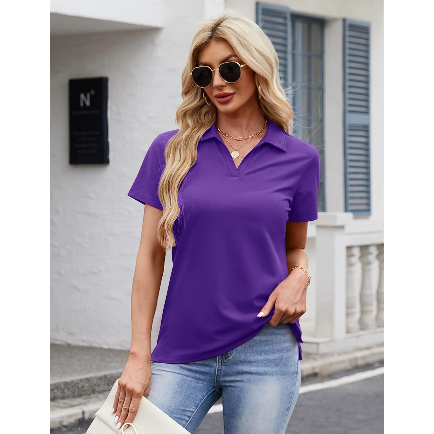 Women's Polo Shirts Cotton Short Sleeve V-Neck Collared Tops Golf Shirt Work Casual Summer Tee
