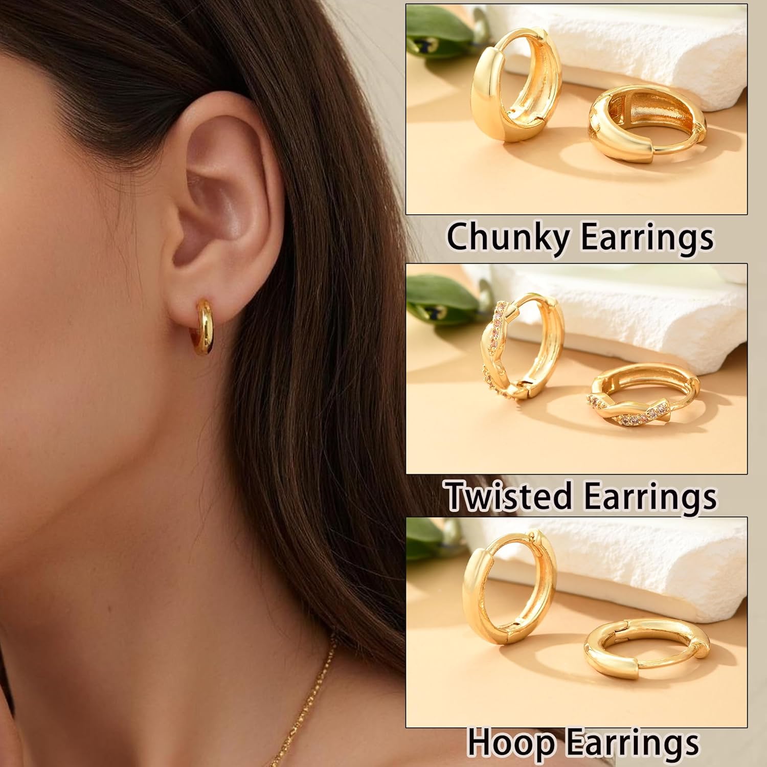 9 Pairs Small Gold/Silver Hoop Huggie Earrings Set for Women, 14K Gold Plated Chunky Hoop Small Earring Hypoallergenic Thick Open Lightweight Chunky Hoop Earrings Jewelry for Gifts
