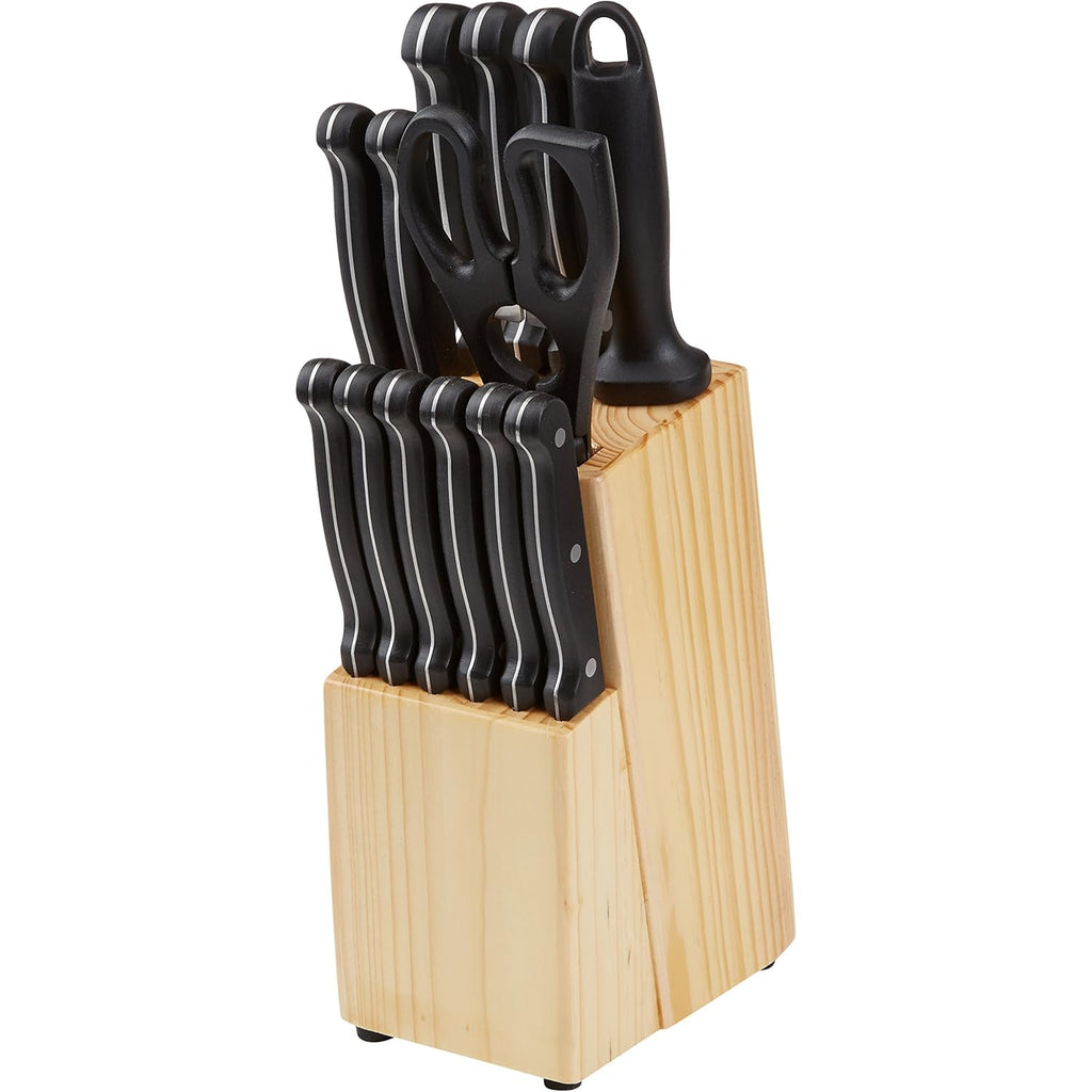 Amazon Basics 14-Piece High Carbon Stainless Steel Kitchen Knife Set with Full Tang Construction, Ergonomic Handles, Sharpener and Pinewood Block, Black