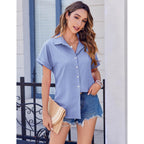 Short Sleeve Summer Tops for Women Casual Button Down Shirts Solid/Striped Business Work Blouses