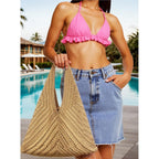 Crochet Beach Tote Bag Summer Vacation Handbags Beach Bag For Women Cute Woven Shoulder Purses Mesh Knit Crochet Bag