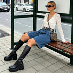 Womens Elastic Knee High Platform Chunky Block High Heel Sock Boots Zipper Round Toe Fashion Motorcycle Combat Punk Boots For Women