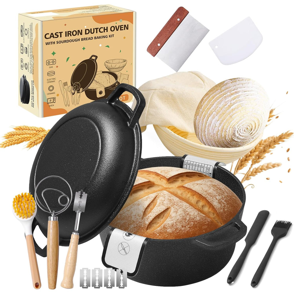 Pre-Seasoned Cast Iron Dutch Oven for Bread Baking - incl. Sourdough Bread-Baking Supplies like Proofing Basket, 2-in-1 Dutch Oven Pot with Skillet Lid and Dual Handles, Sour Dough Tools, Lame, 5QT