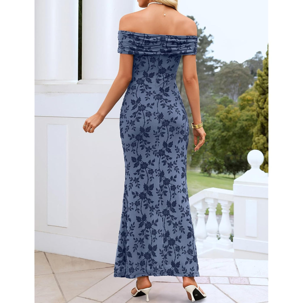 Zesica Women'S Summer Off Shoulder Floral Bodycon Maxi Dress 2026 Ruched Elegant Formal Cocktail Wedding Guest Long Dresses