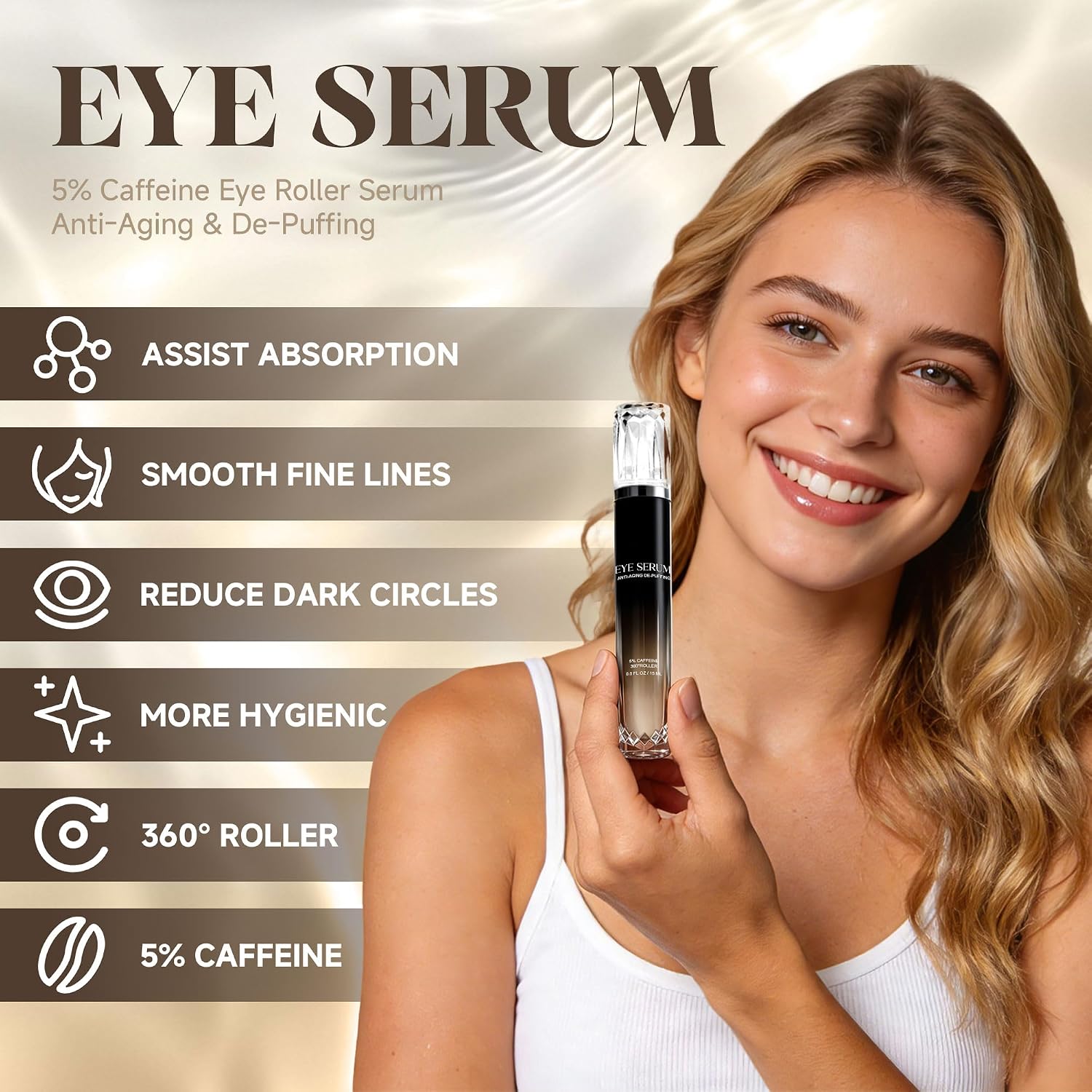 Eye Cream With 360° Roller, Anti-Aging Wrinkle Wrinkle, Caffeine Eye Serum Diminishes Dark Circles & Puffiness, Retinol Peptide Formula, 0.5 Fluid Ounce
