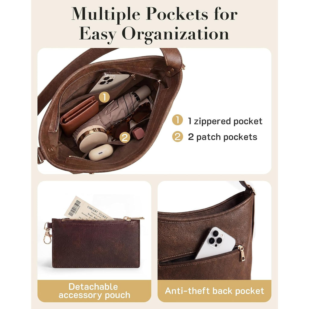Missnine Hobo Bag For Women Pu Leather Purses, Multi-Pocket Crossbody Handbags With Zipper,Shoulder Bags Tote Purse