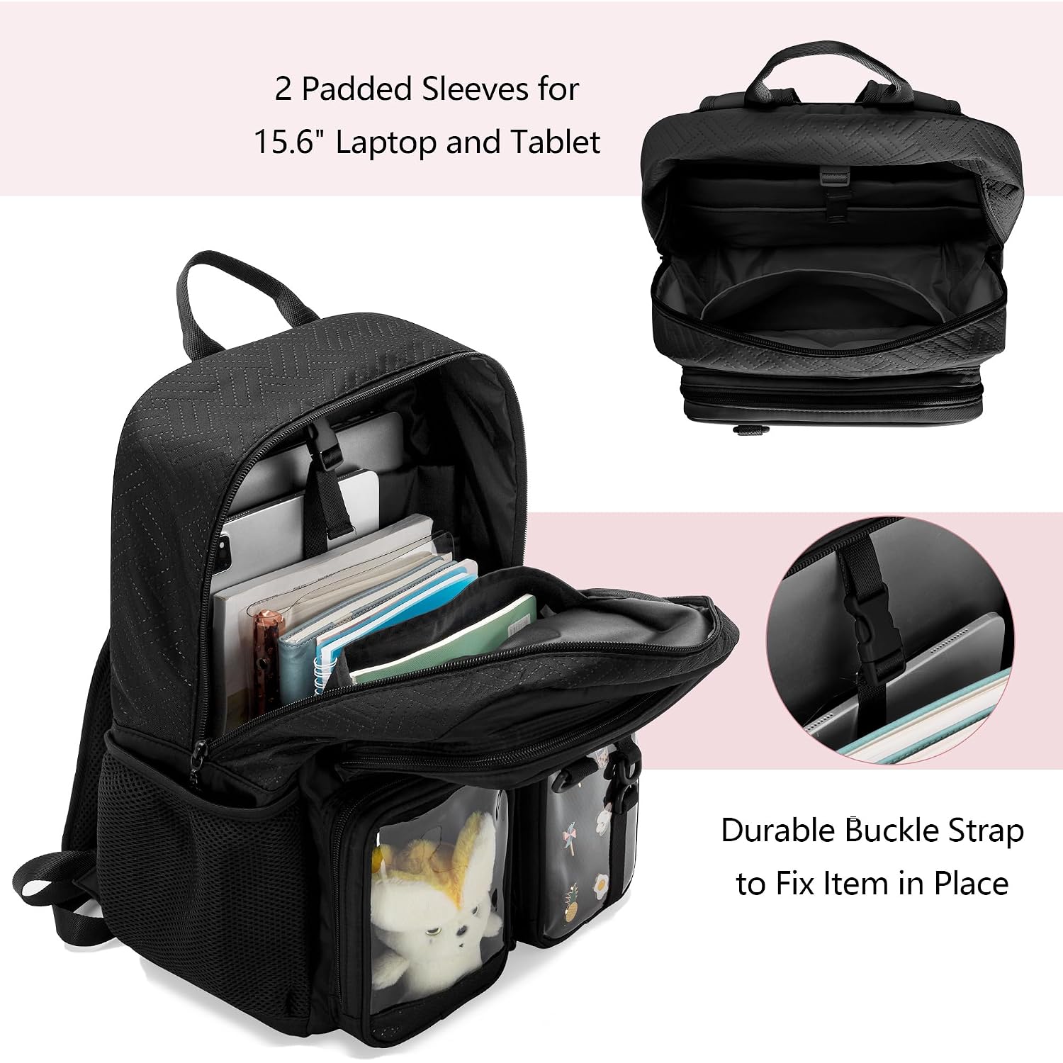 Ita Bag Pin Display Backpack With Insert, Aesthetic Laptop Backpack | Ita Backpack With 3 Clear-Window Pockets, Laptop Sleeve, Kawaii Backpack For Cosplay & Concert(Pins Not Included)