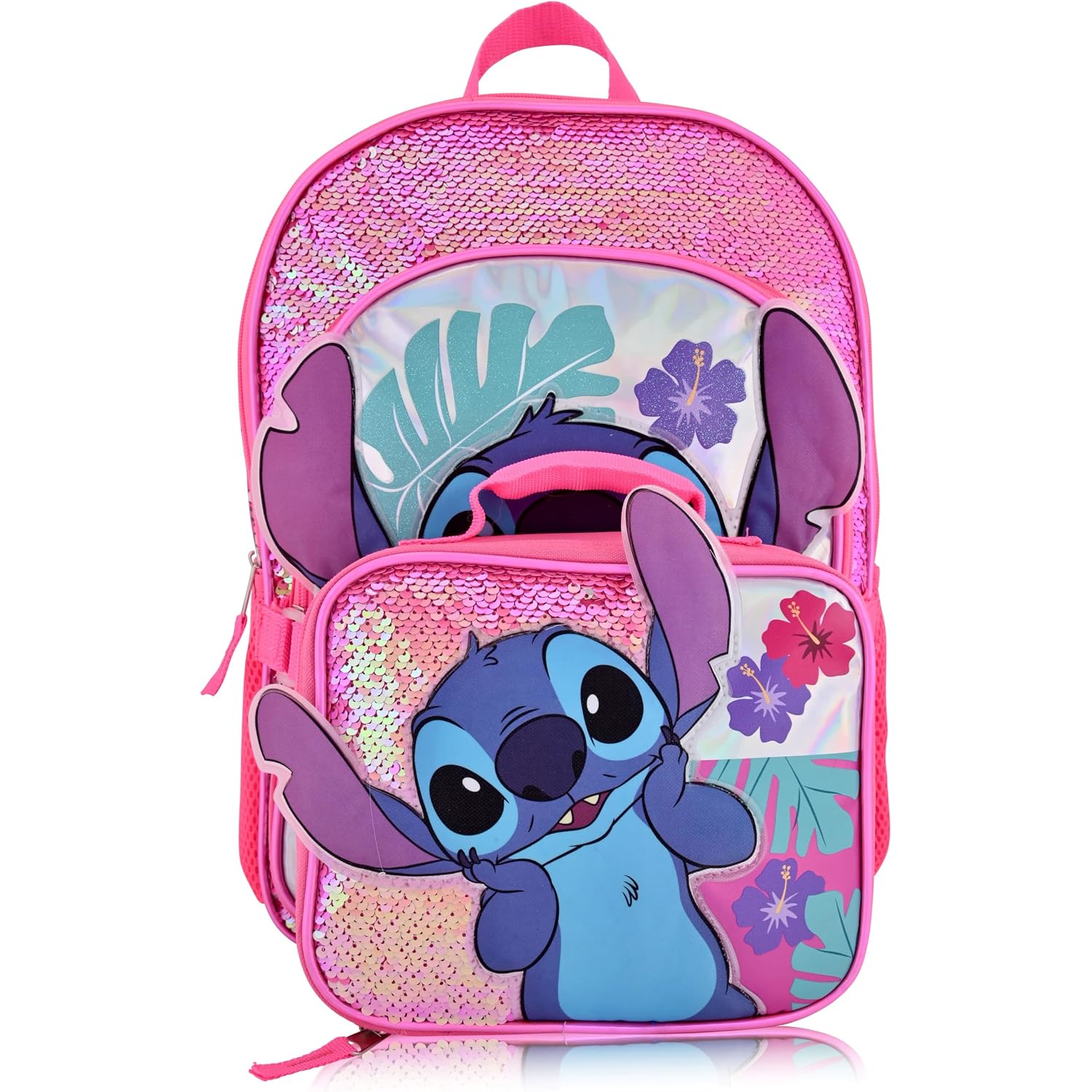 Disney Lilo And Stitch Backpack With Lunch Box For Girls With Glitter | Sequined Insulated Lunch Bag Lunch Box For Girls, Boys, Toddlers | Stitch Pink Backpack For School And Reusable Lunchbox