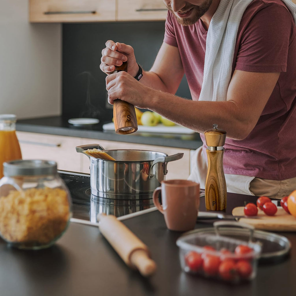 Wooden Salt And Pepper Grinder Set: Refillable Salt & Pepper Mills Adjust For Customized Coarseness, Crafted Of Solid Acacia Wood With Ceramic/Stainless Steel Core, 8 Inches Each