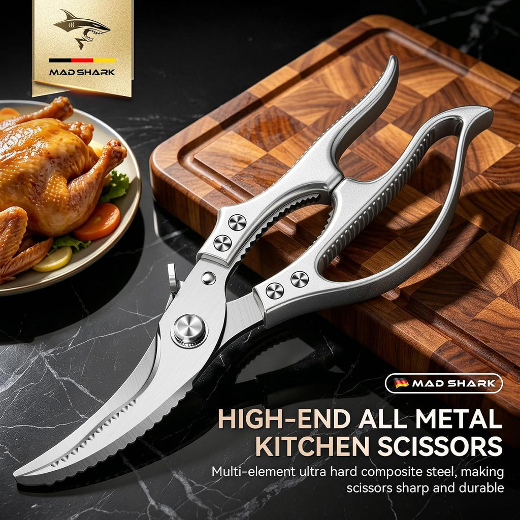 Mad Shark Heavy Duty Poultry Shears, Kitchen Shears With Non-Slip Handle & Safety Lock, All Purpose Kitchen Scissors For Chicken, Meat Cutting, Turkey, Fish, Vegetables, Spring Loaded, Dishwasher Safe