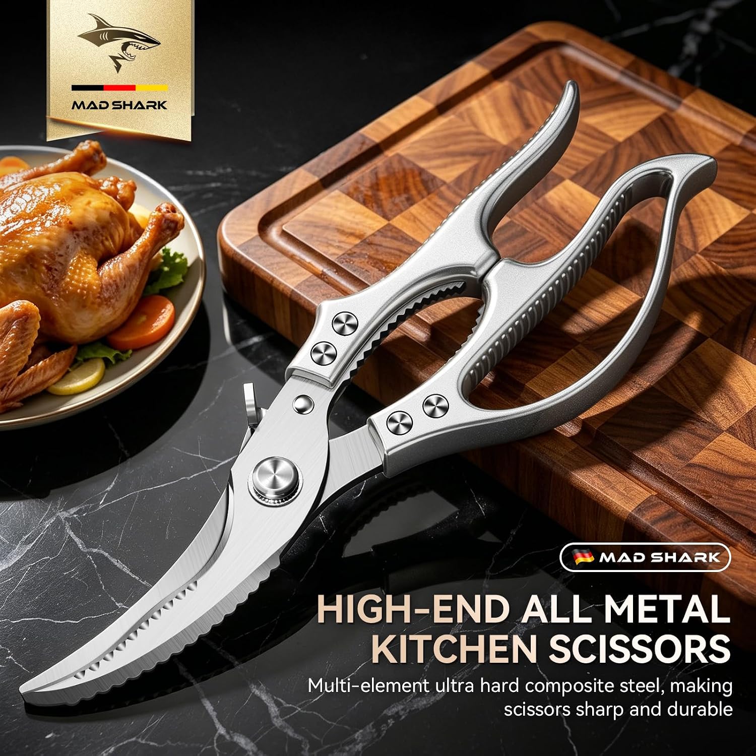 Mad Shark Heavy Duty Poultry Shears, Kitchen Shears With Non-Slip Handle & Safety Lock, All Purpose Kitchen Scissors For Chicken, Meat Cutting, Turkey, Fish, Vegetables, Spring Loaded, Dishwasher Safe