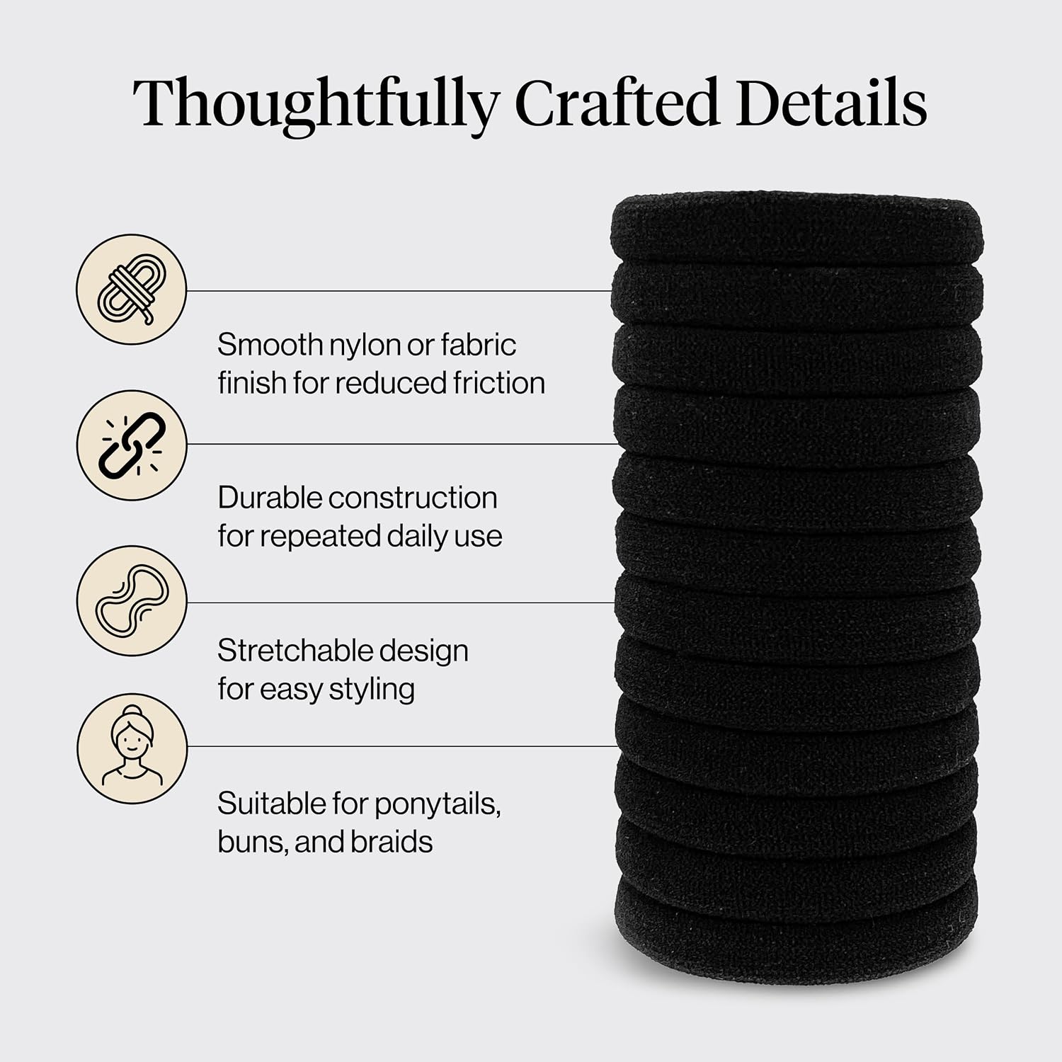 Kitsch Nylon Hair Ties No Damage - Stretchable Hair Bands For Strong All-Day Hold, Ponytail Holders | Hair Accessories For Girls - Black, 12 Pcs