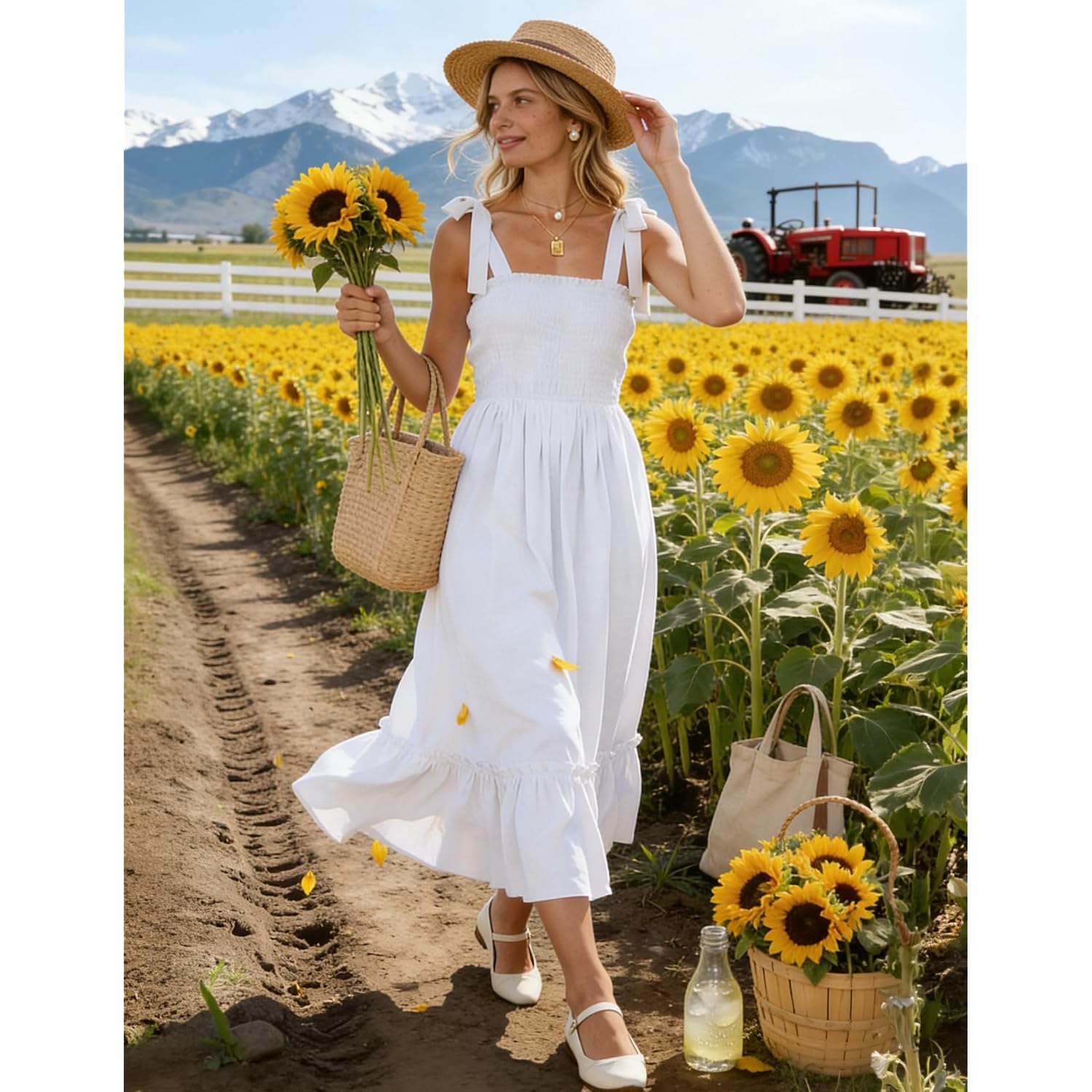 Zesica Women'S 2026 Summer Boho Spaghetti Strap Square Neck Solid Color Ruffle A Line Beach Long Maxi Dress