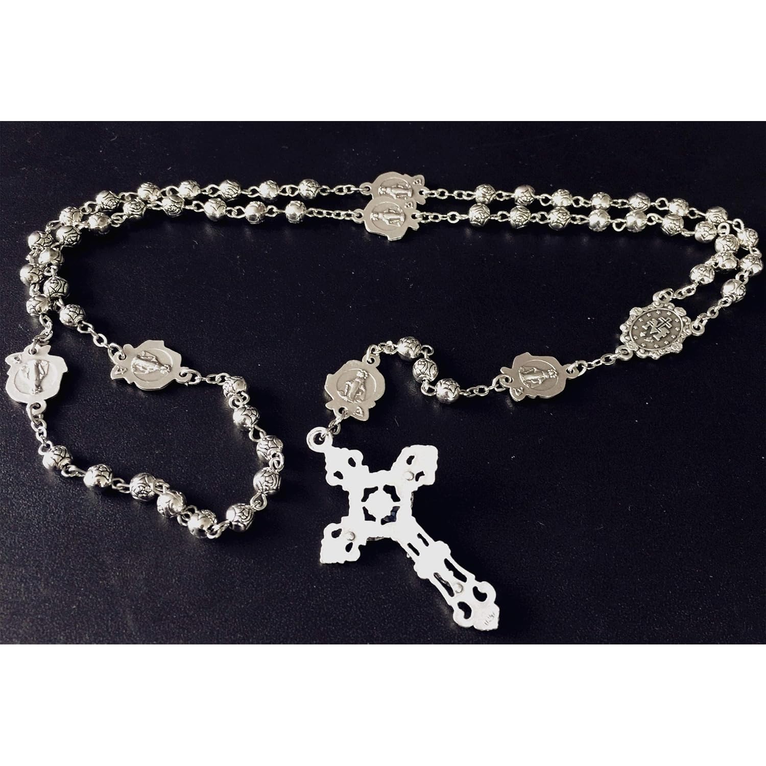 elegantmedical HANDMADE Silver rose beads Catholic 5 DECADE Rosary case Cross Gift Box Italy crucifix cross
