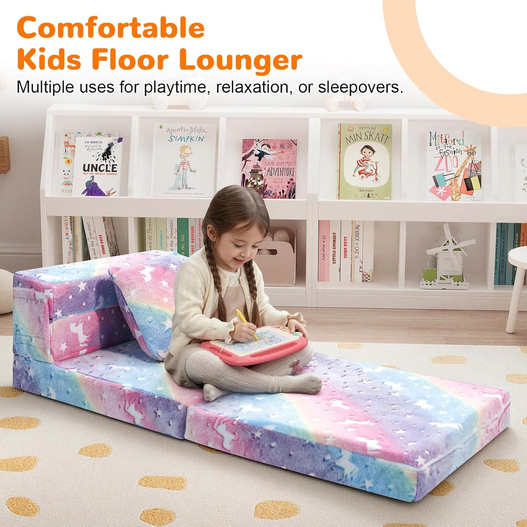 Memorecool Glow Rainbow Unicorn Tri-Fold Sofa Bed For Kids, Foldable Futon Mattress, Chair, And Floor Couch For Playroom