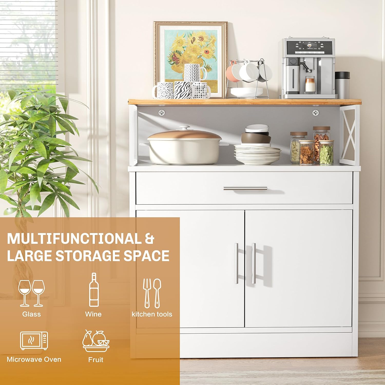 Shintenchi Kitchen Buffet Cabinet With Adjustable Shelf, Modern Kitchen Storage Cabinet,Farmhouse Coffee Bar Cabinet（White）