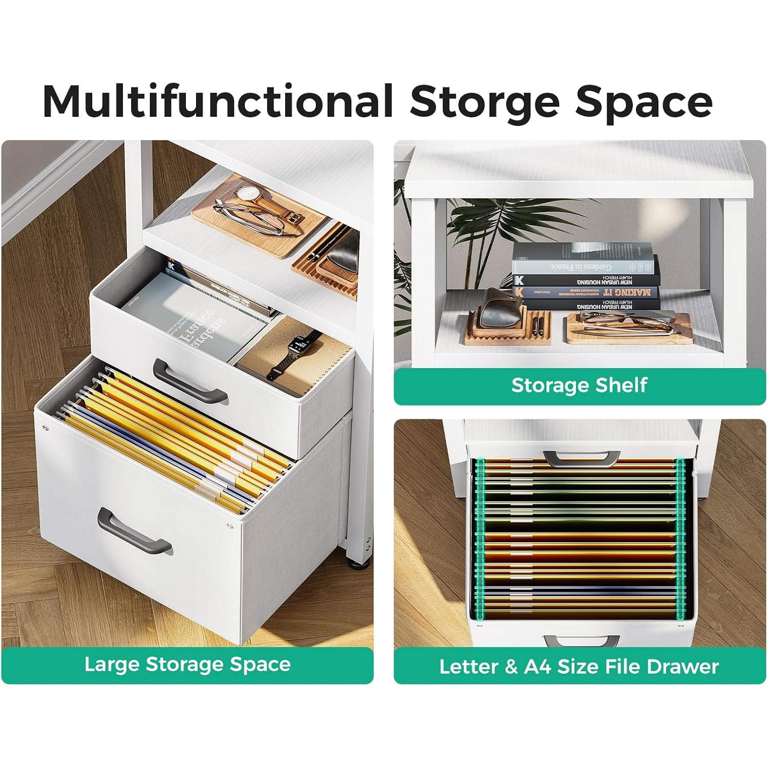Coleshome L Shaped Computer Desk With 6 Fabric Drawers & Power Outlet, 55 Inch Corner Desk With Reversible Storage Shelf & File Drawer, Home Office Desk, White
