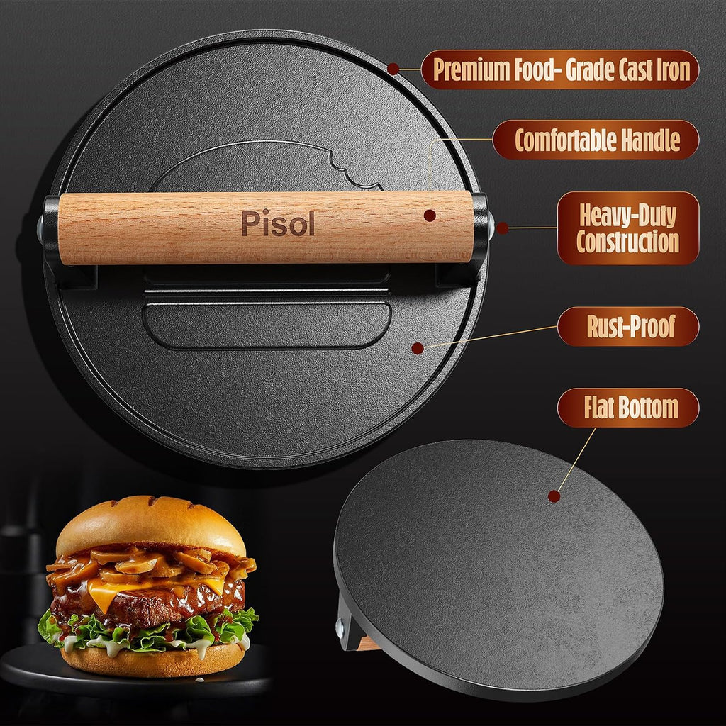 Smash Burger Press, Pre-Seasoned Cast Iron Hamburger Smasher, 2 Lb Heavy-Duty Grill Bacon Meat Press Tool With Wood Handle, 6.6”