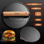 Smash Burger Press, Pre-Seasoned Cast Iron Hamburger Smasher, 2 Lb Heavy-Duty Grill Bacon Meat Press Tool With Wood Handle, 6.6”