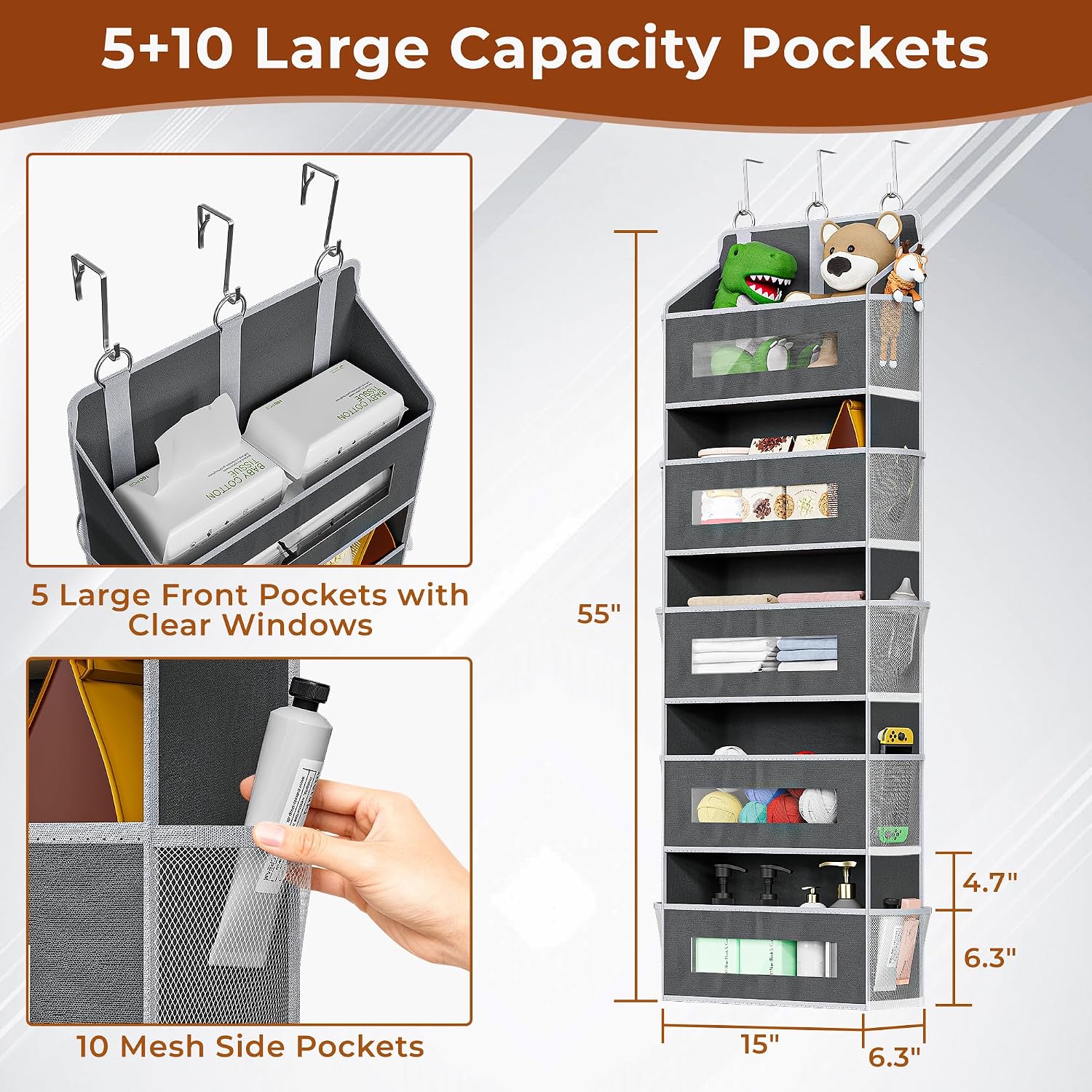 2 Pack 5 Tier Over The Door Organizer - Large Capacity Behind Door Hanging Shelves With 10 Mesh Pockets And Clear Windows, Closet Organizers And Storage For Bathroom, Bedroom, Nursery, Grey
