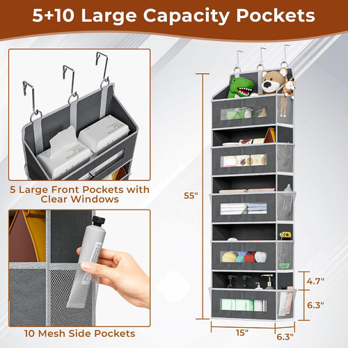 2 Pack 5 Tier Over The Door Organizer - Large Capacity Behind Door Hanging Shelves With 10 Mesh Pockets And Clear Windows, Closet Organizers And Storage For Bathroom, Bedroom, Nursery, Grey