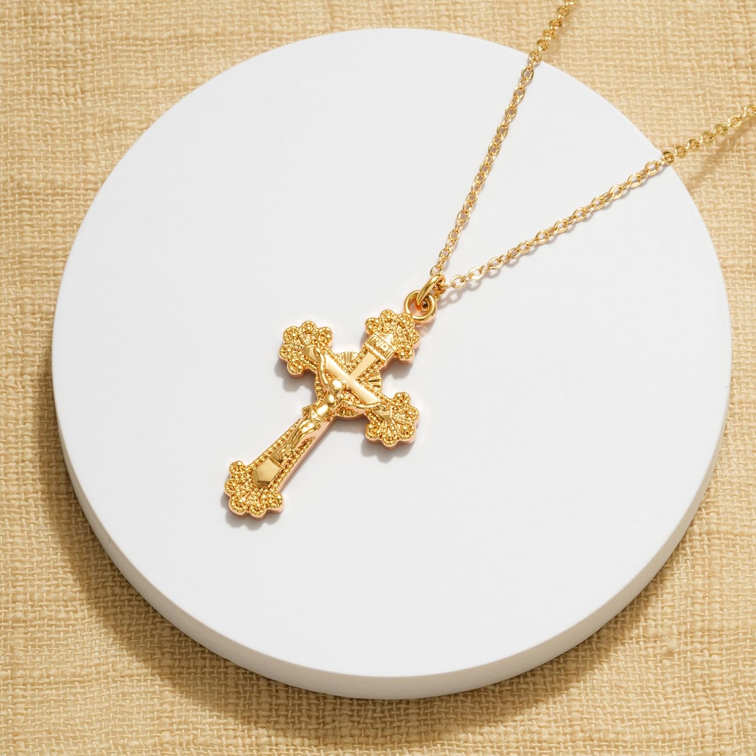 Fettero Cross Necklace Faith Pendant 14K Plated Dainty Chain Minimalist Simple Tiny God Lords Prayer Religious Jewelry